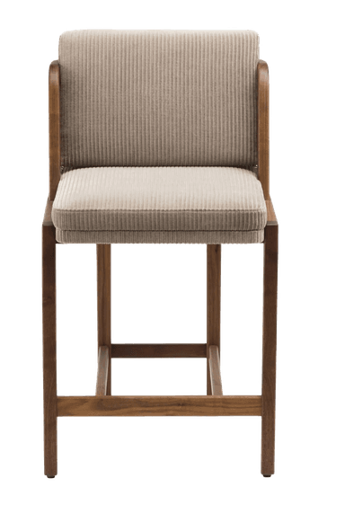 A wooden bar stool with upholstered seating and backrest. The upholstery is a light beige corduroy fabric. The frame is constructed of dark wood with a visible grain. The stool has four legs connected by stretchers for stability and armrests integrated into the backrest structure. — 3D model