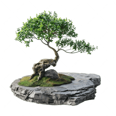 A meticulously rendered bonsai tree features a gnarled, exposed root system growing directly from a multi-layered rock formation. The tree has a curved, aged trunk with extensive branches adorned with lush, dense green foliage. Patches of vibrant green moss accent the textured, grey rock base, creating a naturalistic miniature landscape. — 3D model