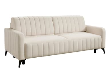 A cream-colored sofa with a fluted design on the backrests, headrests, and armrests. The sofa features a tufted headrest and sits on four black tapered legs. — 3D model