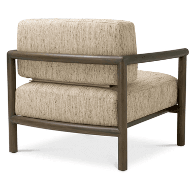 A contemporary armchair featuring a wooden frame and upholstered seat and back cushions. The frame has a minimalist design with clean lines, and the arms are formed by horizontal wooden beams connecting to the vertical legs and back supports. The upholstery appears to be a textured fabric in a neutral tone. — 3D model