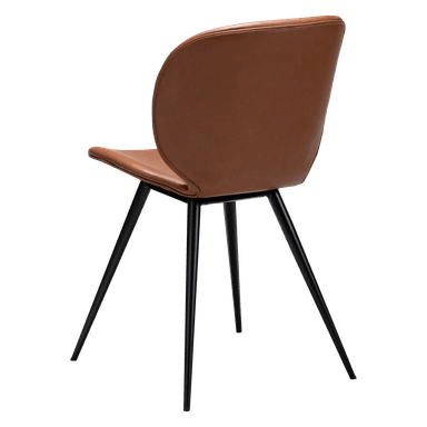 A modern dining chair with a curved, molded seat and backrest upholstered in brown leather. It features four slender, black metal legs that splay outwards for stability. The design is minimalist and contemporary. — 3D model
