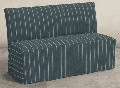 A fully upholstered banquette or booth seating unit with a straight back and seat, covered in a dark teal fabric with thin light vertical pinstripes. The upholstery extends to the floor, presenting a clean, integrated base. — 3D model