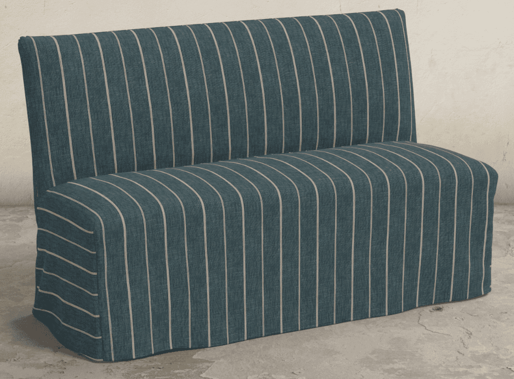 A fully upholstered banquette or booth seating unit with a straight back and seat, covered in a dark teal fabric with thin light vertical pinstripes. The upholstery extends to the floor, presenting a clean, integrated base. — 3D model