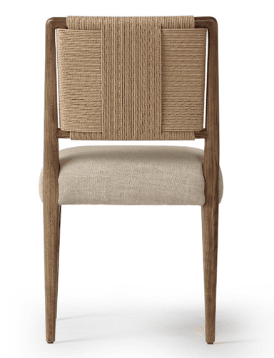 A contemporary dining chair featuring a solid wood frame, a natural woven rope backrest, and an upholstered fabric seat. — 3D model