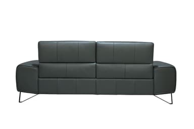 A dark gray two-seater sofa, featuring a contemporary aesthetic. The design is characterized by its distinct, modular block-style back and seat cushions. The sofa is upholstered in a textured material resembling leather or high-quality faux leather, detailed with precise stitching that outlines the individual cushion sections. It is supported by thin, angular black metal legs, contributing to its minimalist and elevated appearance. — 3D model