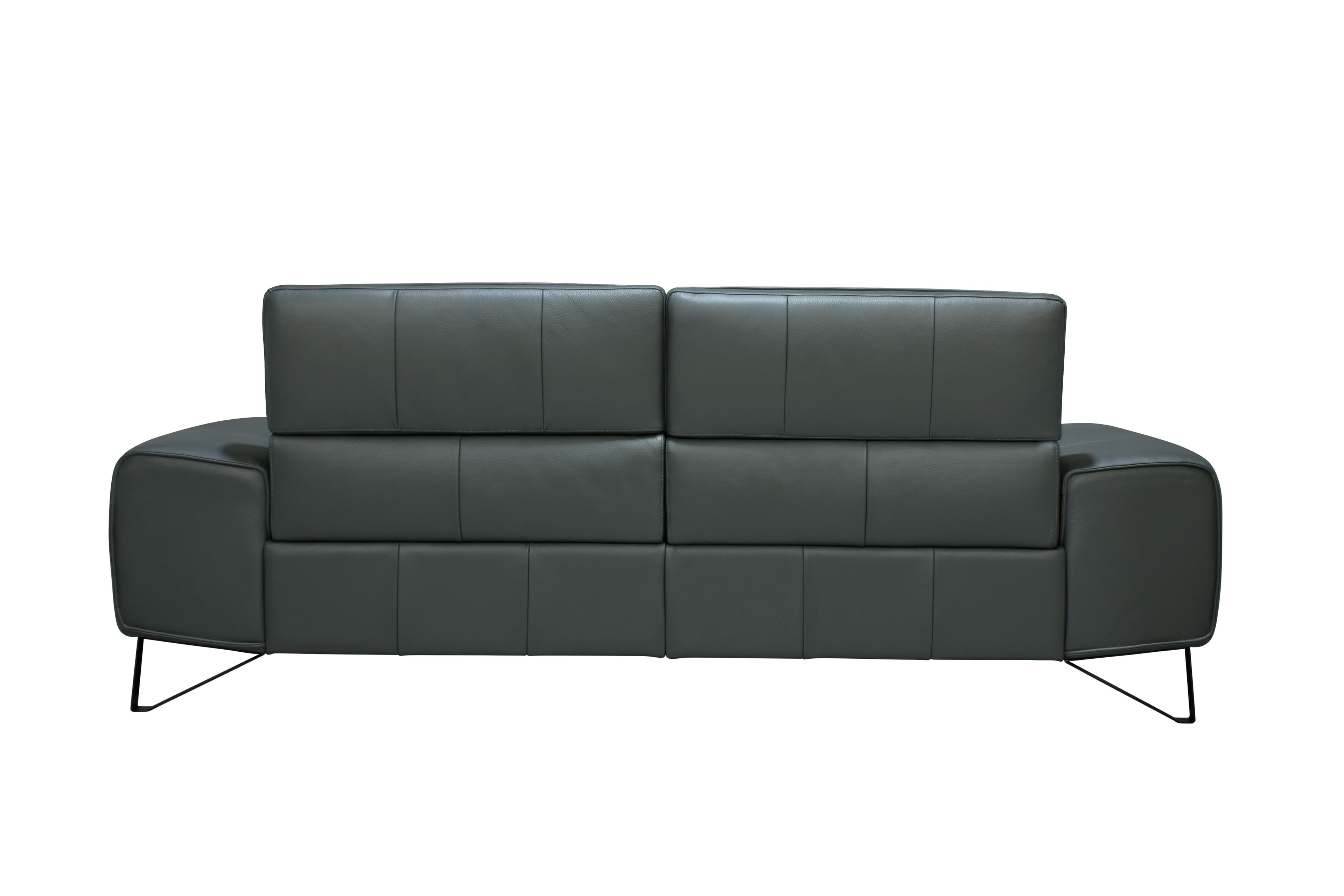 A dark gray two-seater sofa, featuring a contemporary aesthetic. The design is characterized by its distinct, modular block-style back and seat cushions. The sofa is upholstered in a textured material resembling leather or high-quality faux leather, detailed with precise stitching that outlines the individual cushion sections. It is supported by thin, angular black metal legs, contributing to its minimalist and elevated appearance. — 3D model