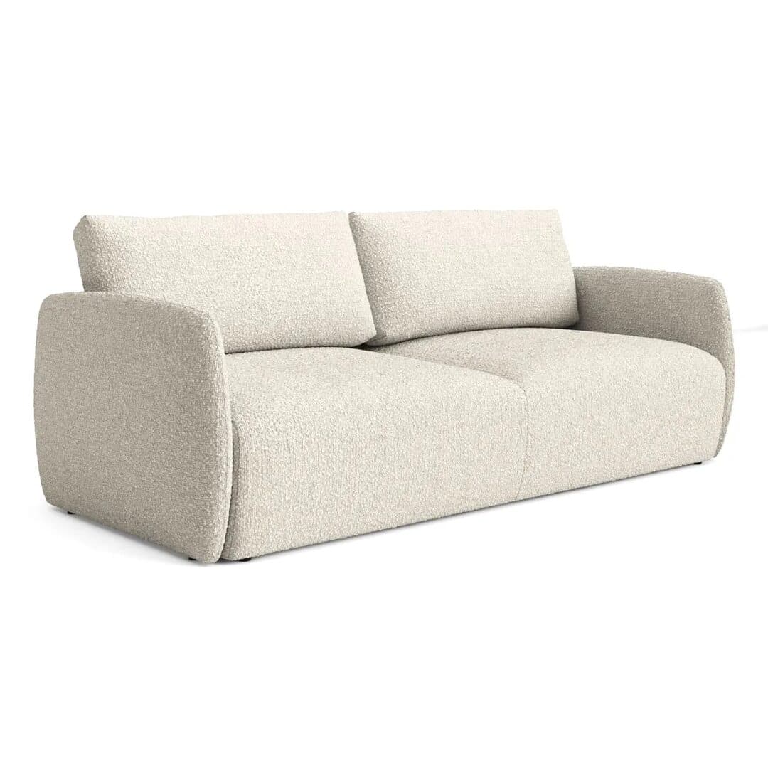 A two-seater sofa with a low profile and rounded armrests. The upholstery has a textured, boucle-like finish. — 3D model