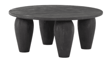 A small, round, black wooden coffee table with four stout, tapered legs. The table has a matte, slightly textured black finish, highlighting its solid wood construction. — 3D model