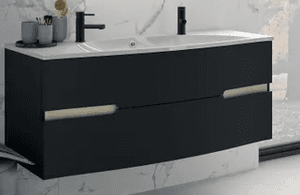 A modern wall-mounted double bathroom vanity featuring a matte black cabinet, two integrated white ceramic sinks, and two matte black single-handle faucets. The cabinet has two drawers with recessed gold-finished pull handles. The overall design is minimalist and contemporary. — 3D model