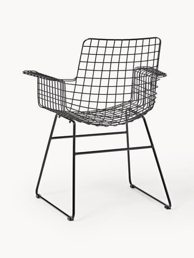 A modern black wireframe armchair featuring an open grid design for its seat, backrest, and integrated armrests. The chair is supported by a minimalist sled base made of tubular metal. — 3D model