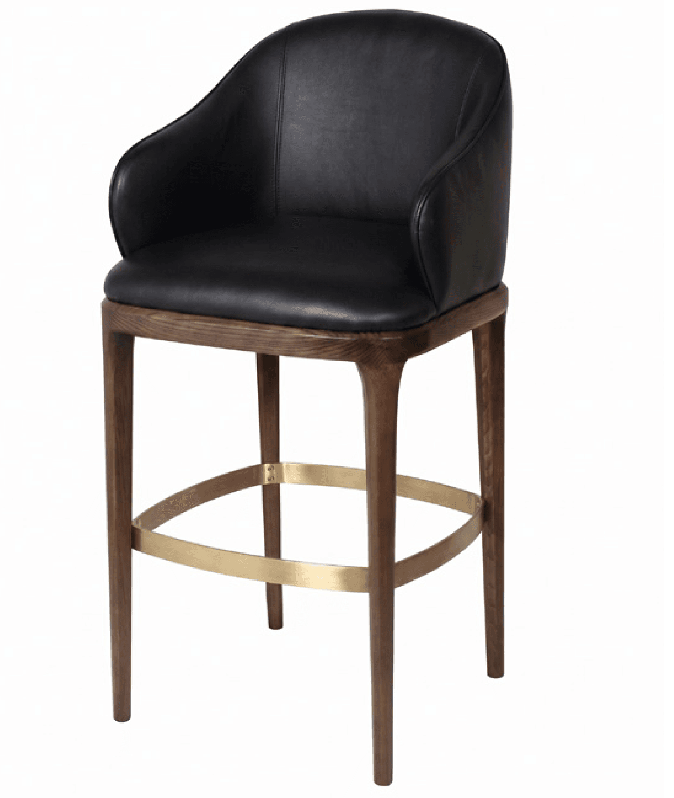 A contemporary bar stool featuring a plush black leather upholstered seat and back with integrated armrests. It is supported by a dark wood frame with four tapered legs, and includes a circular brass-toned metal footrest. — 3D model