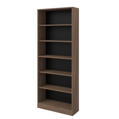 A tall, narrow bookcase featuring a dark brown wood-grain finish and a contrasting black back panel. It has five open shelves, providing ample storage or display space. The design is simple, modern, and minimalist, suitable for various interior settings. — 3D model