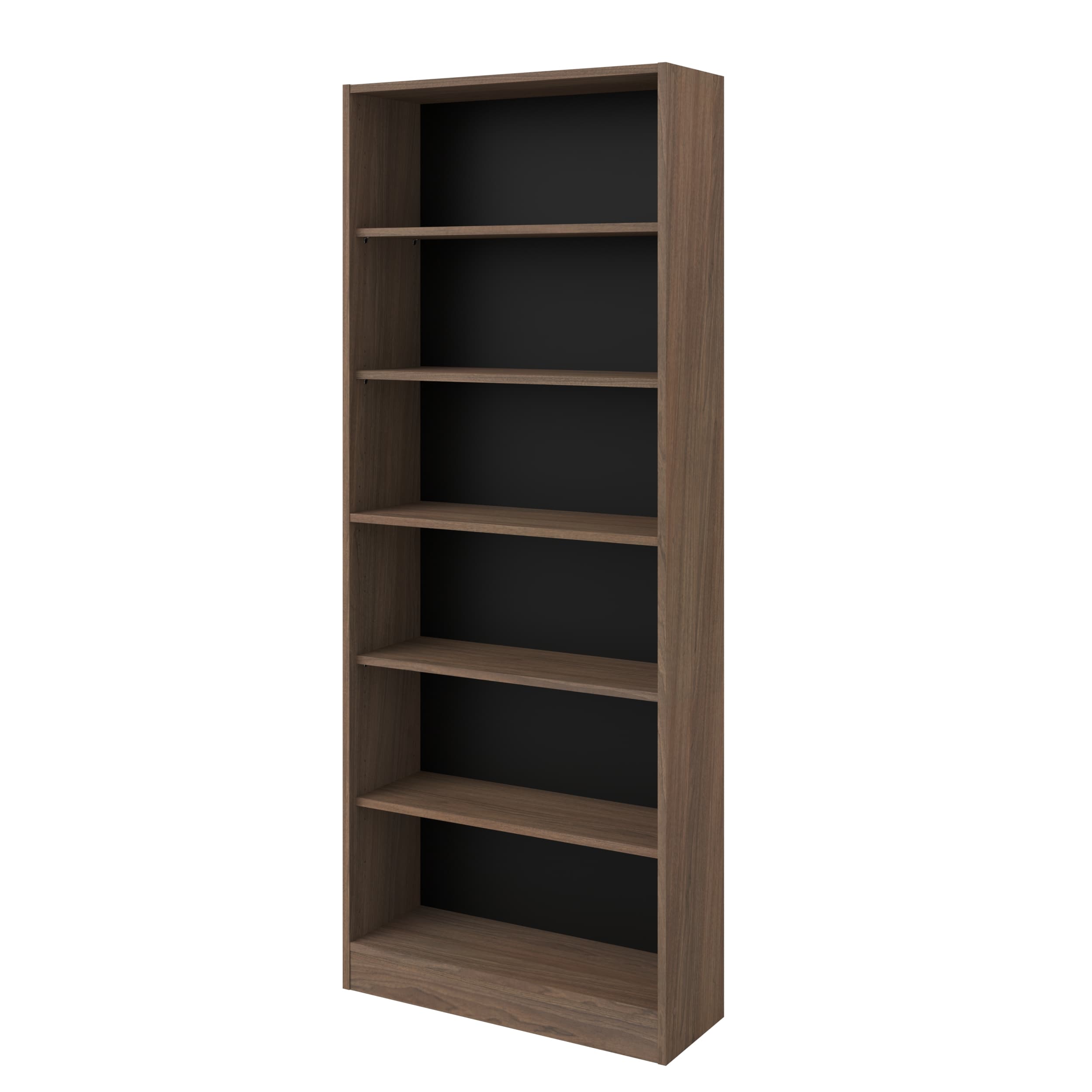 A tall, narrow bookcase featuring a dark brown wood-grain finish and a contrasting black back panel. It has five open shelves, providing ample storage or display space. The design is simple, modern, and minimalist, suitable for various interior settings. — 3D model