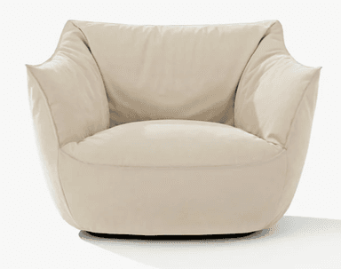 A contemporary lounge chair with a rounded, inviting silhouette, fully upholstered in a light-colored fabric. The design features a high, curved backrest that flows into integrated armrests, and it rests on a low-profile base, likely a swivel mechanism, providing a sculptural and comfortable seating option. — 3D model