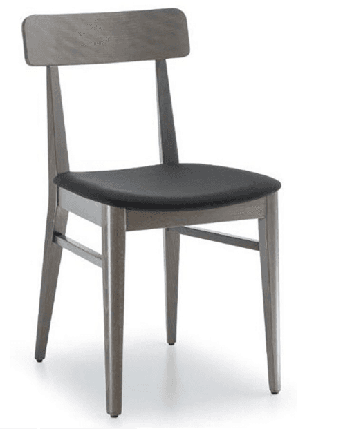 A modern dining chair featuring a grey-stained wooden frame and a black upholstered seat. The chair has a simple, rectangular backrest that is slightly curved for comfort, connecting to two vertical stiles. The four legs are tapered, slightly splayed, and connected by horizontal stretchers for stability. The seat is cushioned and appears to be covered in a dark, possibly faux leather or vinyl material. — 3D model