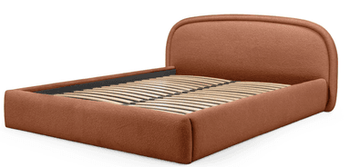 A contemporary bed frame featuring a fully upholstered body and a softly curved headboard, finished in a textured boucle fabric. It incorporates an integrated wooden slat foundation. — 3D model