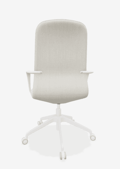 A modern office chair with a cream-colored upholstered seat and back, integrated armrests, and a white five-star base with casters. The design is minimalist and ergonomic. — 3D model