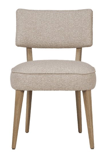 A view of the back of a upholstered armchair. The chair features a curved backrest and a cushioned seat. The legs and armrest accents are made of wood. The upholstery appears to be a textured, light-colored fabric. — 3D model