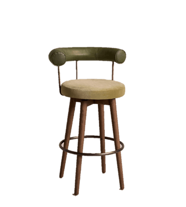 A bar stool with a padded backrest and seat. The stool has a metal frame supporting the backrest and seat, and wooden legs with a circular footrest. The upholstery appears to be leather or a similar material. — 3D model