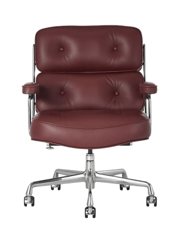 A burgundy leather executive office chair with a chrome frame and a five-star aluminum base on casters, featuring a tufted design. — 3D model