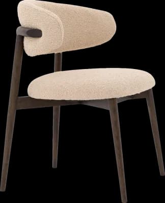 A contemporary lounge chair featuring a dark-stained wooden frame and light cream boucle upholstery. It has a distinctive curved backrest that subtly integrates into arm-like supports, and a comfortably padded seat. The chair stands on four slender, tapered wooden legs. — 3D model
