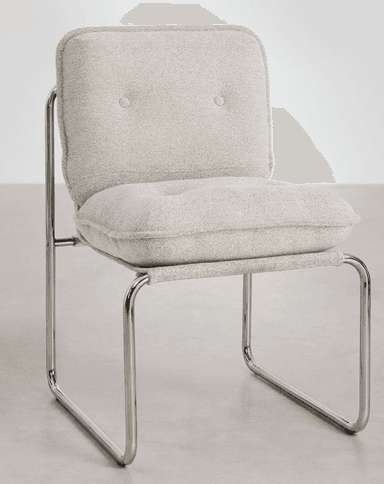 A modern armchair with a tubular metal frame and upholstered seat and back. The frame is constructed from polished chrome tubular steel, forming a cantilevered base and armrests. The seat and backrest are padded and covered in a textured, light grey fabric with a visible weave. The backrest appears to be a single piece of fabric stretched taut between the metal supports, while the seat is a separate cushion. — 3D model