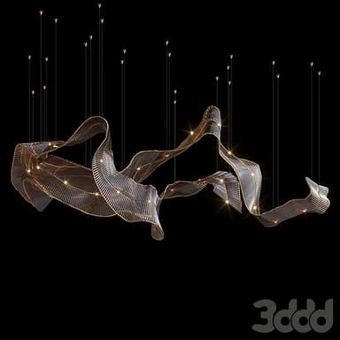 A large, contemporary sculptural lighting fixture designed to be suspended from a ceiling, characterized by an undulating, ribbon-like form crafted from corrugated silver-toned metal mesh and accented with brass or gold-toned trim, featuring numerous integrated small light sources throughout its structure. — 3D model