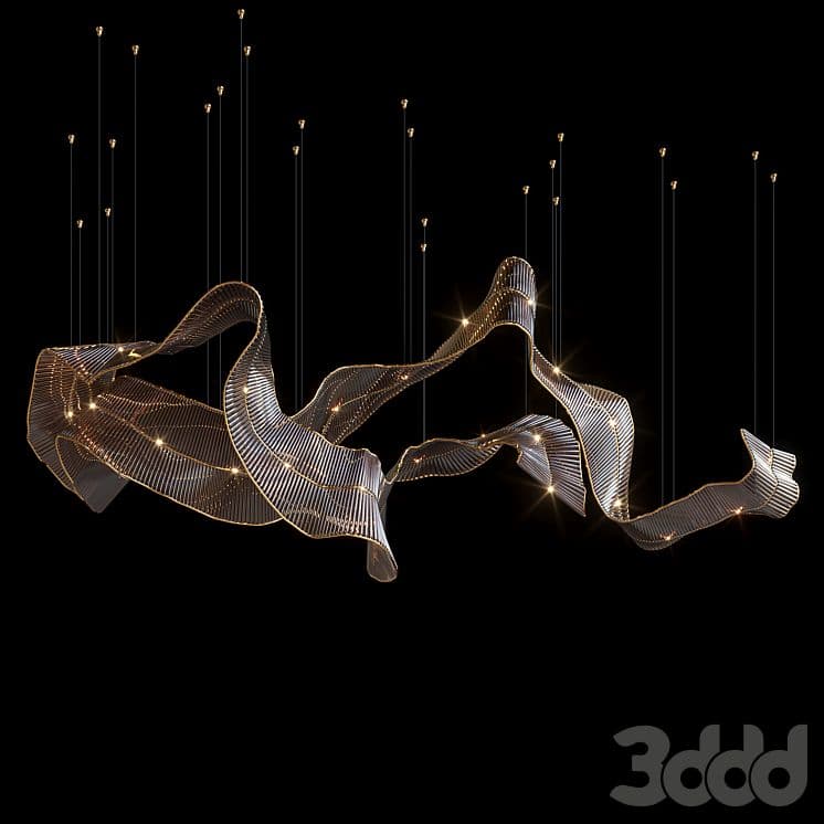 A large, contemporary sculptural lighting fixture designed to be suspended from a ceiling, characterized by an undulating, ribbon-like form crafted from corrugated silver-toned metal mesh and accented with brass or gold-toned trim, featuring numerous integrated small light sources throughout its structure. — 3D model