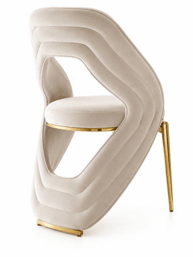 A contemporary dining or accent chair featuring a highly sculptural, open-backed design. The chair is upholstered in a light beige or cream velvet, with prominent horizontal channel tufting on the backrest. The backrest forms a distinctive, undulating shape with a large cut-out section. The seat is a circular, padded cushion. The chair is supported by a sleek gold-finished metal frame, including two slender back legs and a solid base element at the front. The overall aesthetic is elegant and modern, with a touch of glamour. — 3D model