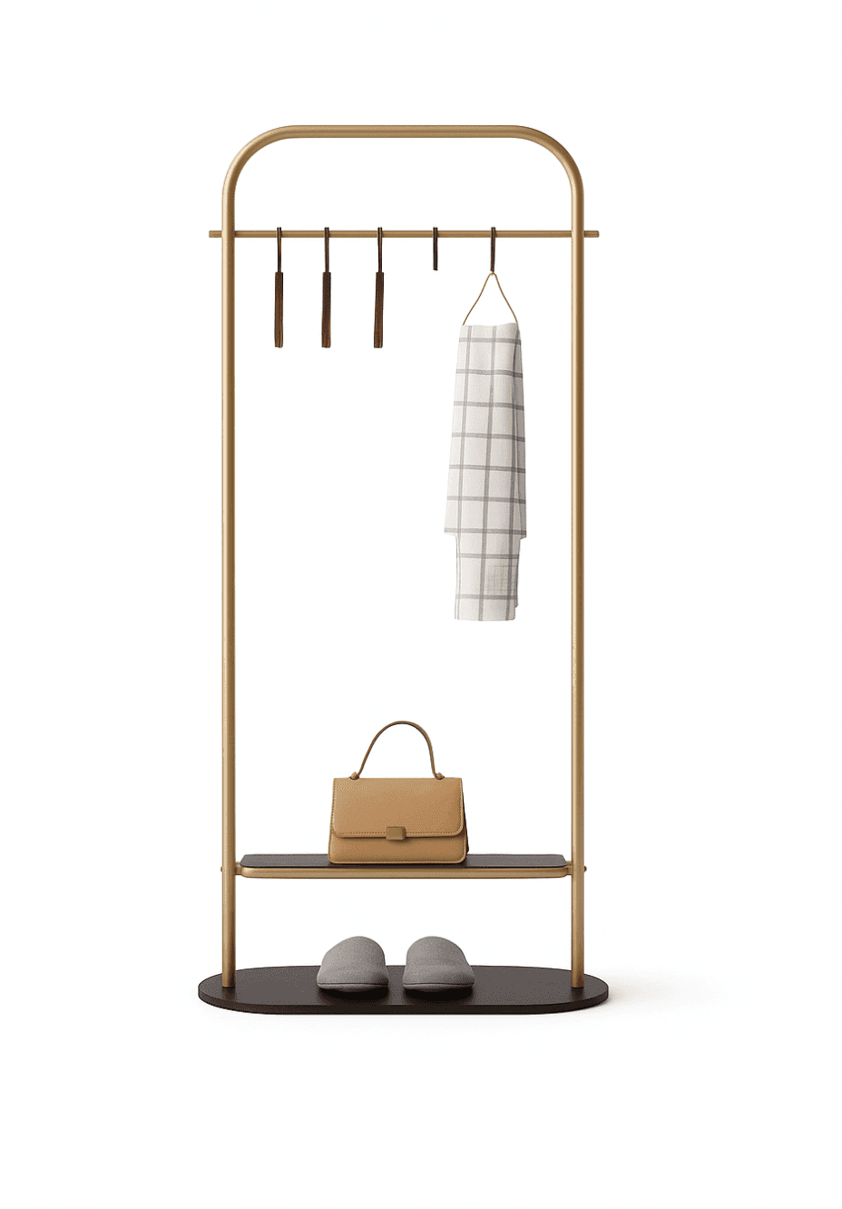 A freestanding coat rack with a gold-colored metal frame. It features a horizontal bar with multiple hooks for hanging clothes, a small shelf for placing items like bags or shoes, and a lower oval-shaped base.  The material appears to be metal and wood.  A tan handbag and gray slippers are placed on the shelf for display purposes; they are not integral to the coat rack itself. — 3D model