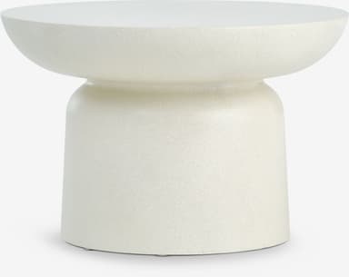 A small, off-white side table with a distinct two-part form: a wide, shallow, dish-like top and a solid, cylindrical base, connected by a subtle, recessed neck. The surface appears to be a textured, matte finish, possibly concrete or a similar composite material. — 3D model