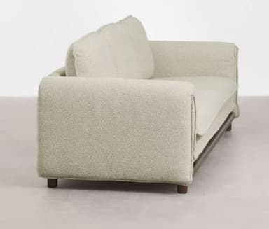 A light-colored, textured upholstered loveseat with wide, squared block arms, loose back and seat cushions, and a minimalist exposed dark wood base with short legs. — 3D model