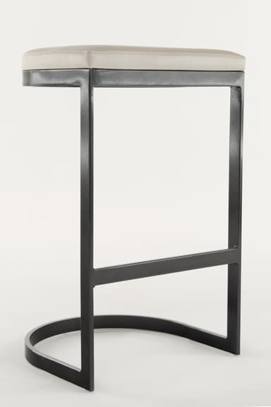 A contemporary backless bar stool featuring a charcoal gray powder-coated metal frame with a sled base and an integrated footrest, topped with a padded rectangular seat upholstered in light gray faux leather. — 3D model