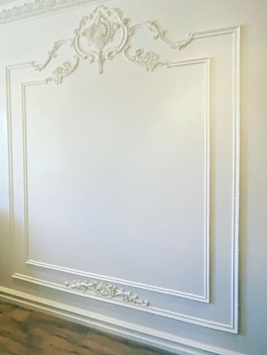 A white, rectangular panel featuring intricate, relief-carved ornamentation in a classical Baroque style, framed by simple moldings. — 3D model