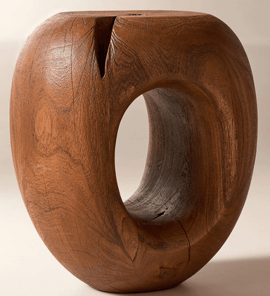 A solid wood stool with a toroidal or donut-like shape. It features a large central void and a carved, organic form. The surface shows wood grain and some natural imperfections. — 3D model