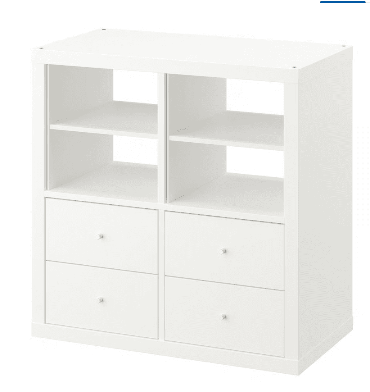 A modular white storage unit with an open cubby shelving system on top and two drawers on each side below, totaling four drawers. The unit features a simple, modern design with clean lines and small, circular knobs for drawer pulls. It appears to be constructed from particleboard or MDF with a laminate or painted finish. — 3D model