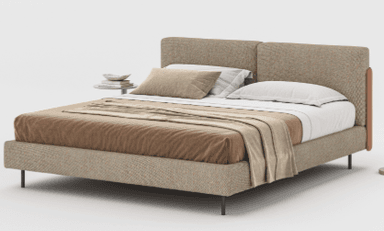 A contemporary upholstered bed frame with a rectangular headboard, featuring a textured fabric in a neutral tone. The bed has a low-profile platform base supported by slender metal legs. It is dressed with bedding including a duvet, a throw blanket, and pillows. — 3D model