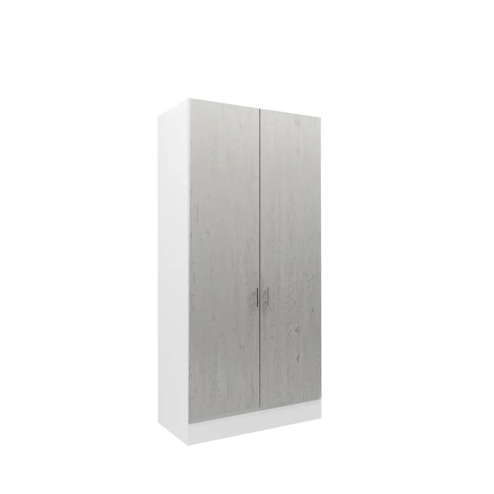 A tall, rectangular freestanding wardrobe cabinet featuring two hinged doors. The cabinet body is rendered in a solid white finish, while the two front doors display a light grey wood-grain texture. Each door is equipped with a slender, vertical pull handle in a metallic finish, contributing to a clean and minimalist aesthetic. The unit is designed for versatile storage in various settings. — 3D model