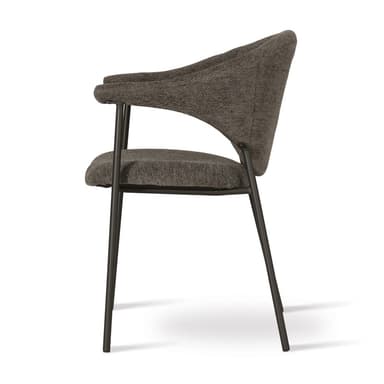 A contemporary upholstered chair, viewed from the back, featuring a rounded, bucket-style back and seat covered in textured dark gray fabric, supported by slender, dark metal legs. — 3D model