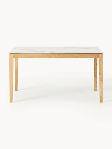 A modern rectangular dining table featuring a white top with grey marble-like veining, supported by four straight, slightly tapered legs made of light-colored solid wood. The design is minimalist and contemporary. — 3D model