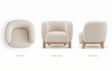 A modern upholstered armchair featuring a rounded back and seat, supported by short wooden legs, presented on a white background. — 3D model