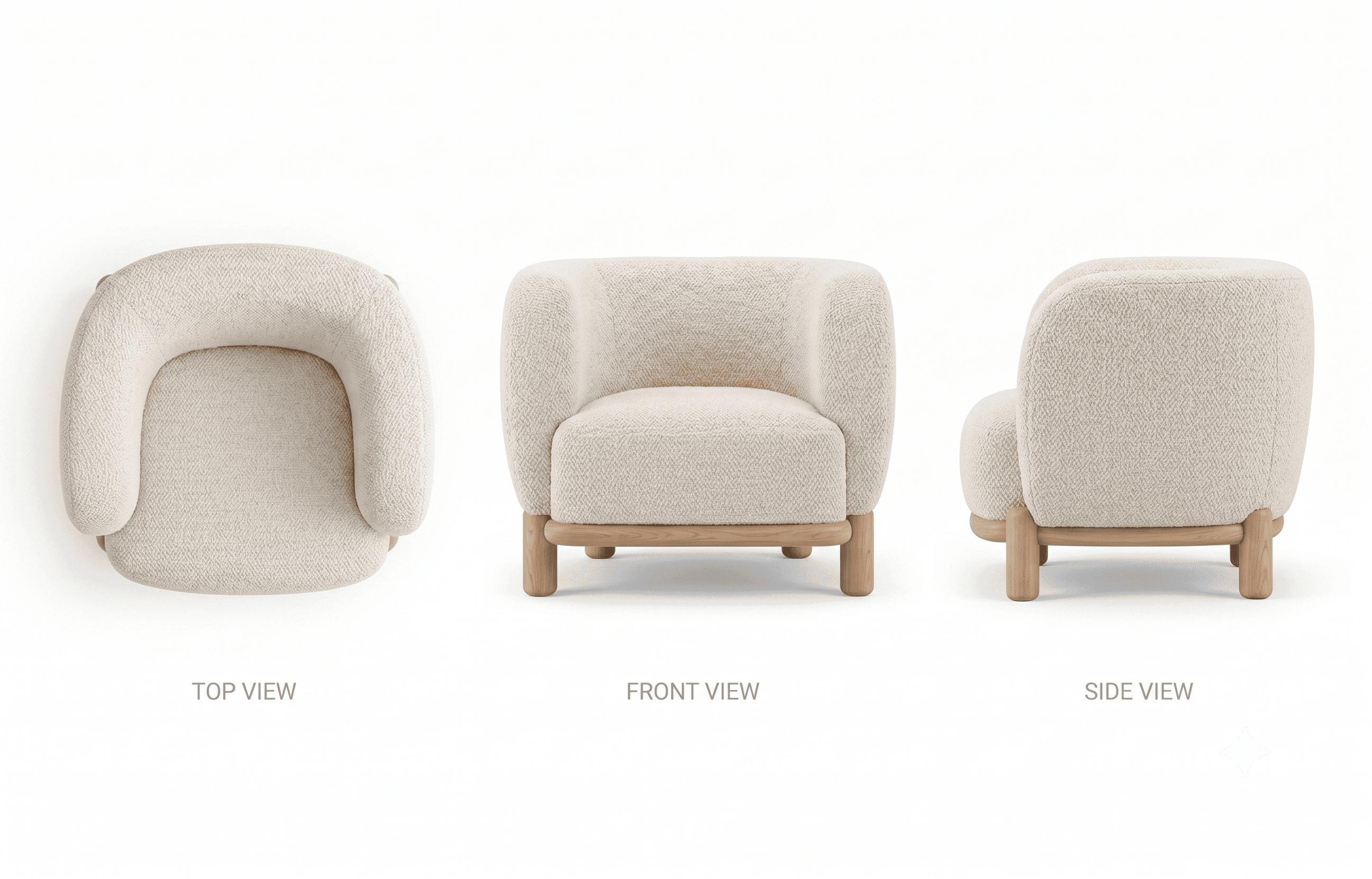 A modern upholstered armchair featuring a rounded back and seat, supported by short wooden legs, presented on a white background. — 3D model
