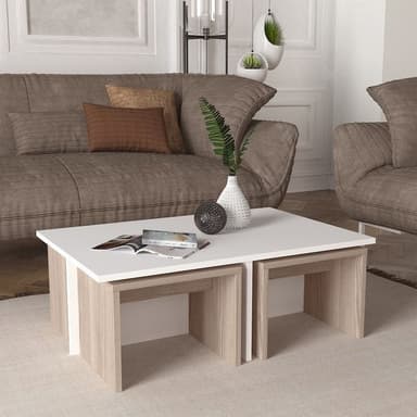 A modern nesting coffee table set featuring a rectangular white top surface and a light wood-grain finished base, with two smaller tables designed to fit neatly underneath the main unit. — 3D model
