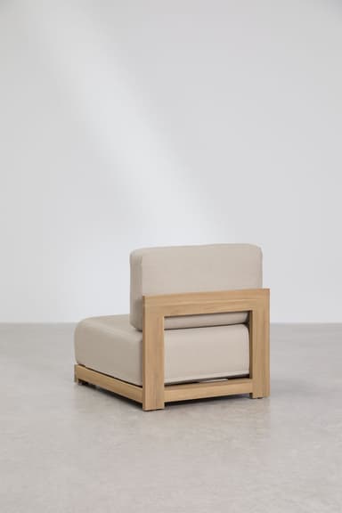 A compact, low-profile modular armchair featuring a natural light-toned wood frame and thick, light beige fabric upholstery. The design is modern and minimalist. — 3D model