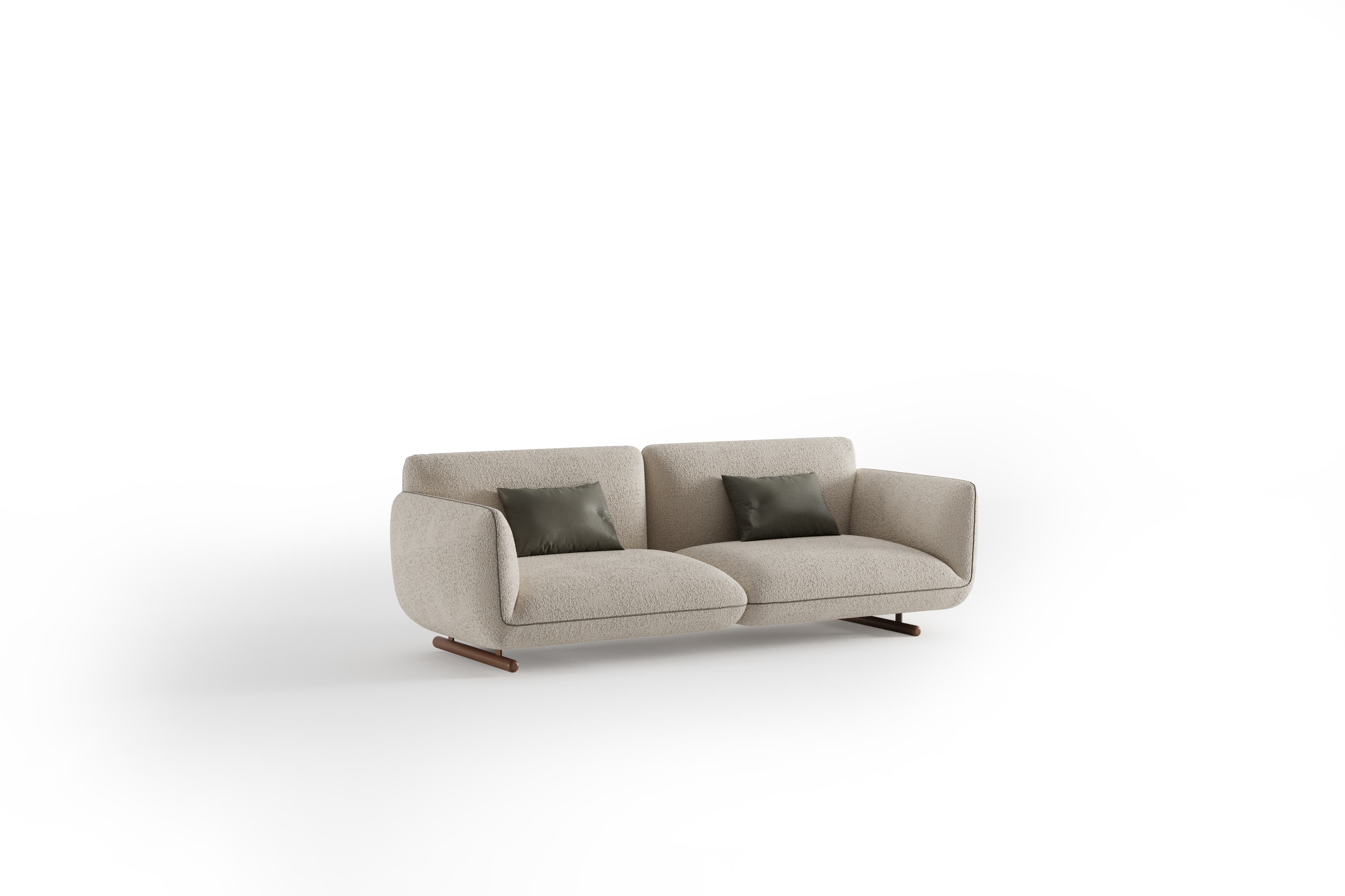 A modern, low-profile sofa with a textured upholstery, featuring rounded armrests and a subtle wood base. It includes two throw pillows with a smooth finish. — 3D model