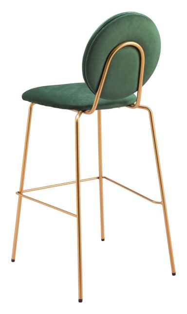 A modern bar stool with a velvet upholstered seat and backrest. The seat is circular and padded, while the backrest is a larger, vertically oriented circle. It is supported by four slender, angled legs made of metal, which are connected by a horizontal footrest. — 3D model