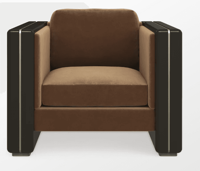 A single-seat, fully upholstered armchair featuring a distinct Art Deco or Streamlined Modern design. The chair has a boxy silhouette with plush, deep brown velvet upholstery on the seat, backrest, and inner armrests. The outer frame, including the robust, rectangular arms and base, is constructed from a dark, possibly lacquered or high-gloss wood, accented with slender metallic inlays on the vertical planes of the arms. — 3D model