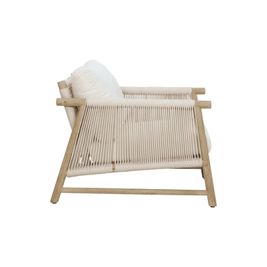 A contemporary lounge armchair featuring a light wood frame, intricate woven rope detailing on the back and sides, and plush, removable white fabric cushions. — 3D model