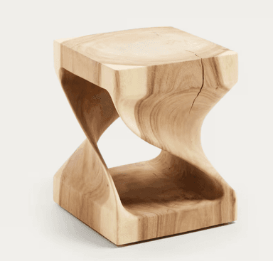 A light-toned oak stool or accent table featuring a unique, twisted hourglass form. It consists of a square top and base connected by a central section that rotates 90 degrees, creating a dynamic, sculptural silhouette. The natural wood grain is clearly visible, contributing to its organic and modern aesthetic. — 3D model