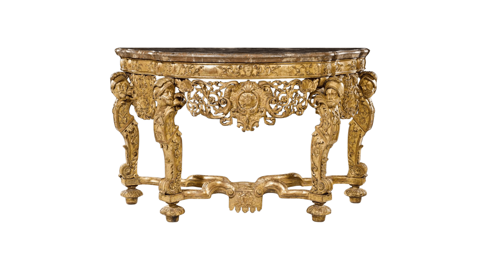 A highly ornate console table with a marble top and a gilded carved wooden base. The base features intricate scrollwork, human faces, and decorative elements, with four legs that taper and end in bulbous feet. The apron of the table is elaborately carved with openwork and a central cartouche. — 3D model